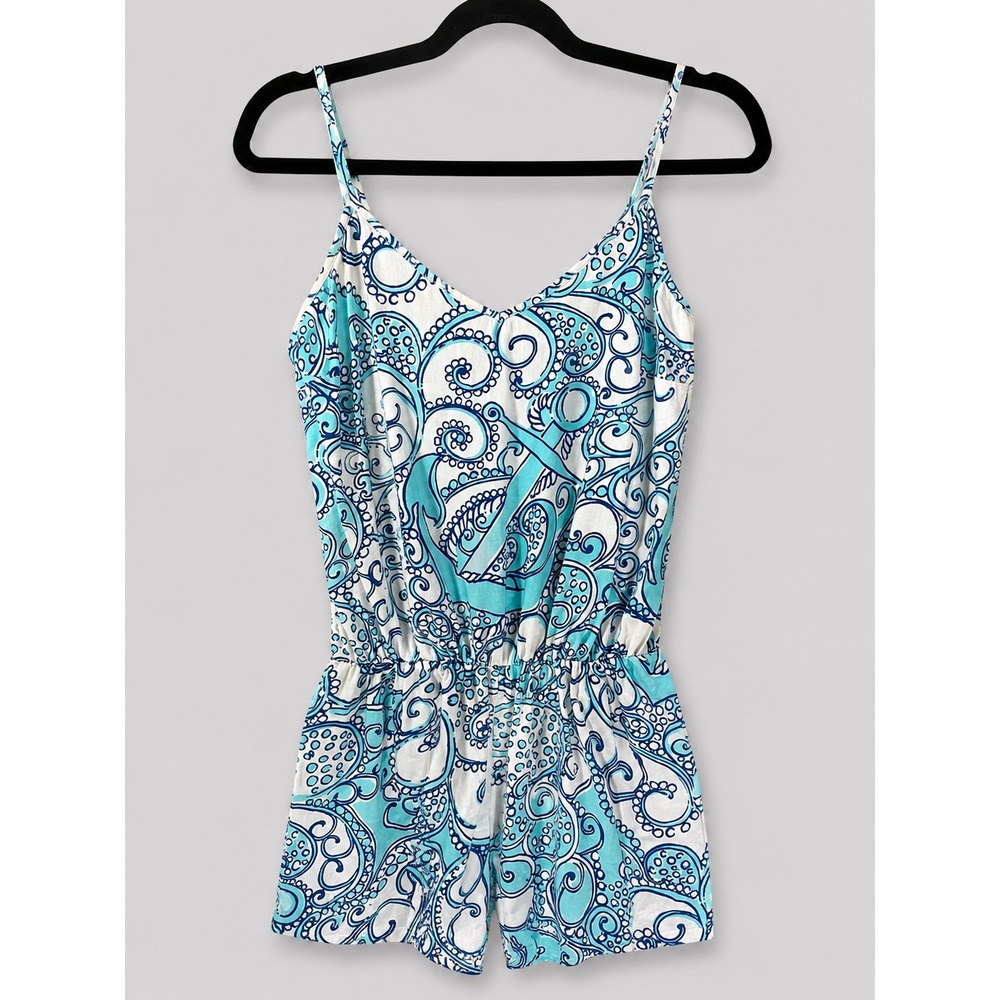 Lilly Pulitzer Blue White Anchor Paisley V-Neck Sleeveless Romper XS